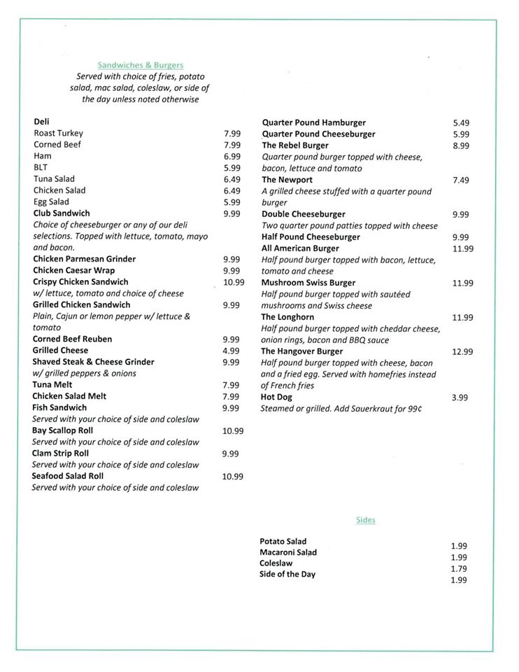 Coffee Shop Lunch/Dinner Menu